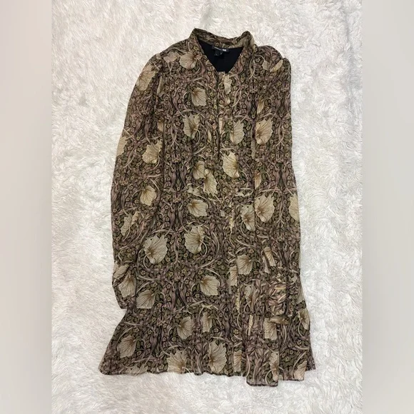 Anthropologie Paige Long-Sleeve V-Neck Dress Silk Brown Pattern - Picture 3 of 6